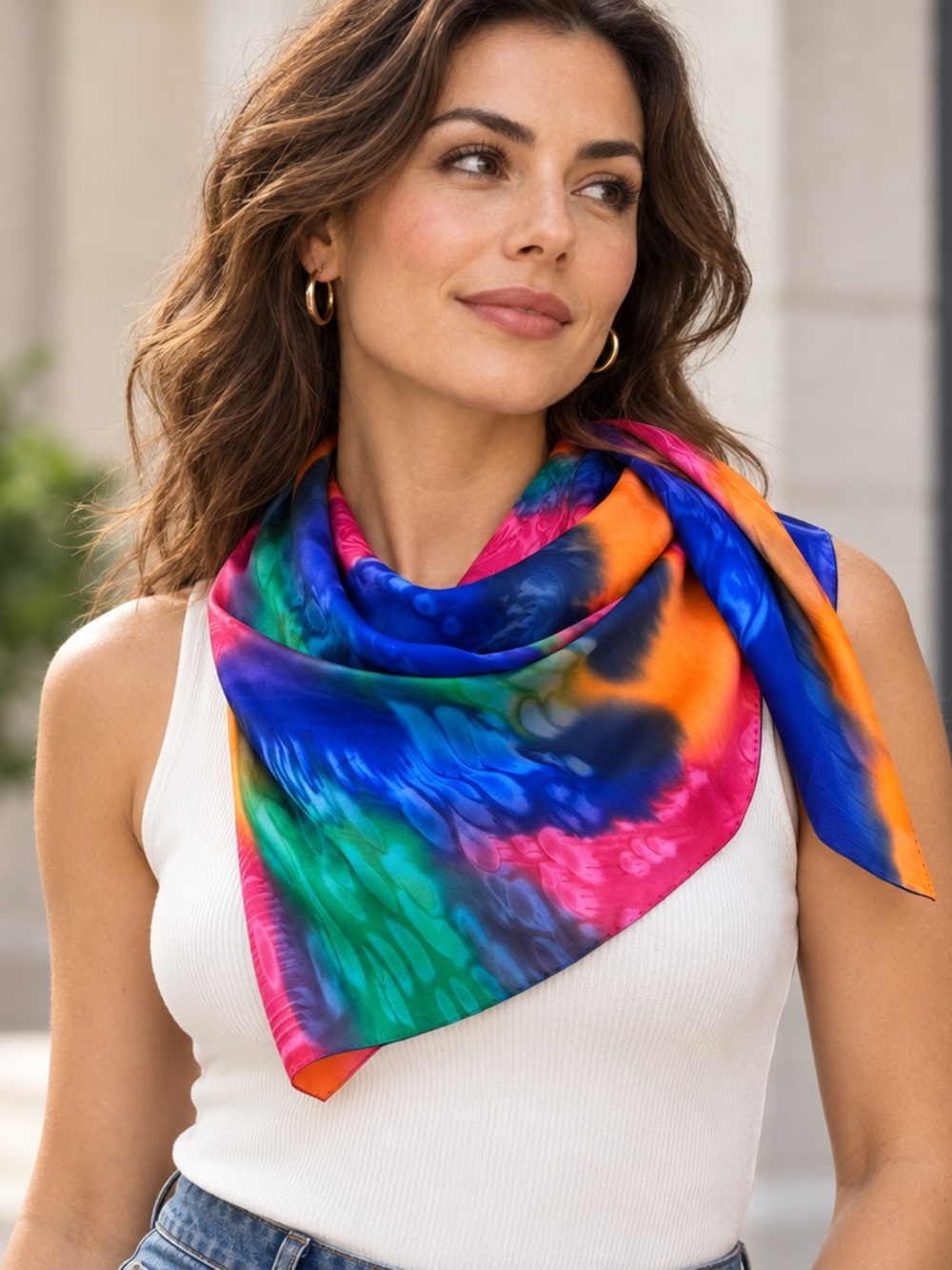 Large Pure Silk Square Scarf 39"x39" Multicolor Abstract Print Hand-Rolled Edges